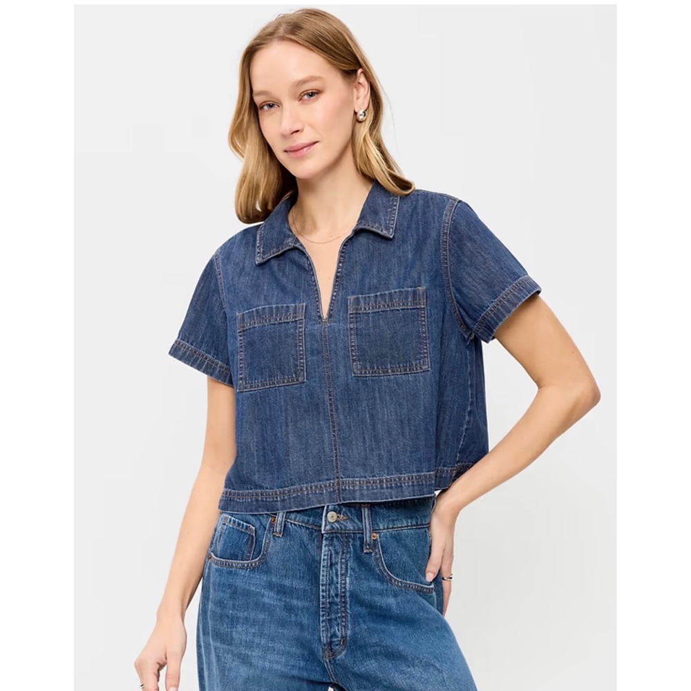 Old Navy XL Denim Short Sleeve Popover Top Boxy Cropped Coastal Casual western